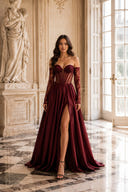 Satin A Line Long Evening Dresses with Slit
