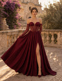 Satin A Line Long Evening Dresses with Slit