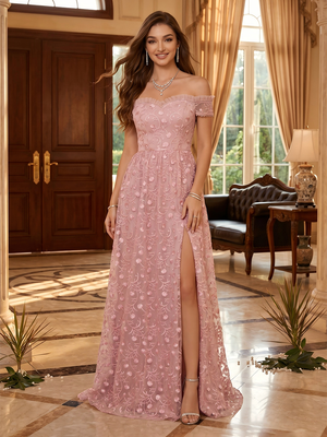 Chiffon Off Shoulder A Line Evening Dresses with Slit