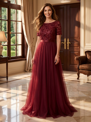 Tulle Crew Neck A Line Evening Dresses with Sequin