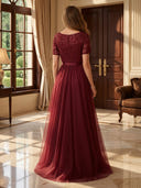 Tulle Crew Neck A Line Evening Dresses with Sequin