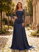 Satin Squaer Neck Mermaid Evening Dresses with Sequin