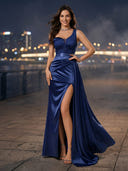 Satin One Shoulder Mermaid Evening Dresses with Slit