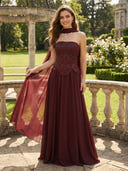 Chiffon Strapless A Line Long Evening Dresses with Scarf