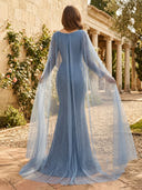Tulle A Line Long Evening Dresses with Cape