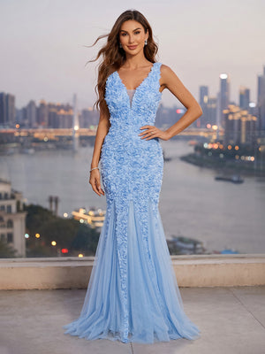 Tulle V Neck Mermaid Long Evening Dresses with Flower