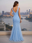 Tulle V Neck Mermaid Long Evening Dresses with Flower