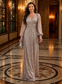 Sequin V Neck A Line Long Evening Dresses