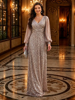 Sequin V Neck A Line Long Evening Dresses