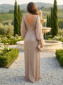 Sequin V Neck A Line Long Evening Dresses