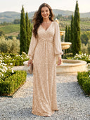 Sequin V Neck A Line Long Evening Dresses