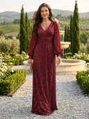 Sequin V Neck A Line Long Evening Dresses