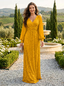 Sequin V Neck A Line Long Evening Dresses