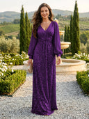 Sequin V Neck A Line Long Evening Dresses