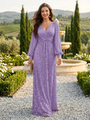 Sequin V Neck A Line Long Evening Dresses
