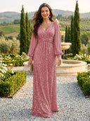 Sequin V Neck A Line Long Evening Dresses