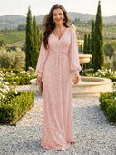 Sequin V Neck A Line Long Evening Dresses