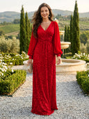 Sequin V Neck A Line Long Evening Dresses