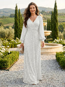 Sequin V Neck A Line Long Evening Dresses