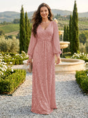 Sequin V Neck A Line Long Evening Dresses