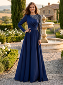 Sequin Crew Neck A Line Long Evening Dresses with Beading