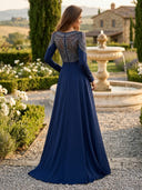 Sequin Crew Neck A Line Long Evening Dresses with Beading