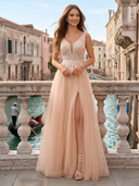 Tulle V Neck A Line Long Evening Dresses with Slit