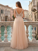 Tulle V Neck A Line Long Evening Dresses with Slit