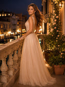 Tulle V Neck A Line Long Evening Dresses with Slit