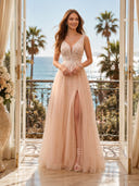 Tulle V Neck A Line Long Evening Dresses with Slit