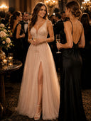 Tulle V Neck A Line Long Evening Dresses with Slit