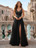Tulle V Neck A Line Long Evening Dresses with Slit