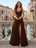 Tulle V Neck A Line Long Evening Dresses with Slit