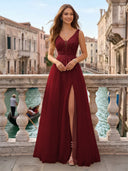 Tulle V Neck A Line Long Evening Dresses with Slit