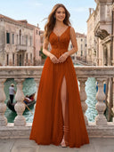 Tulle V Neck A Line Long Evening Dresses with Slit