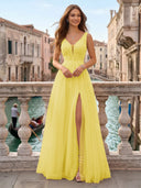 Tulle V Neck A Line Long Evening Dresses with Slit