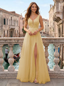Tulle V Neck A Line Long Evening Dresses with Slit