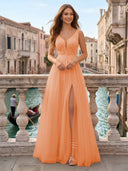 Tulle V Neck A Line Long Evening Dresses with Slit