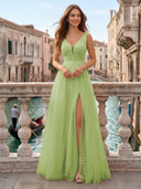 Tulle V Neck A Line Long Evening Dresses with Slit