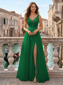Tulle V Neck A Line Long Evening Dresses with Slit