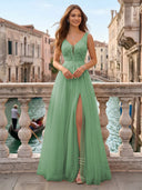 Tulle V Neck A Line Long Evening Dresses with Slit