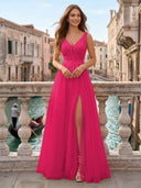Tulle V Neck A Line Long Evening Dresses with Slit