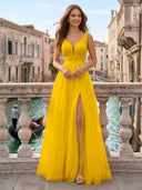 Tulle V Neck A Line Long Evening Dresses with Slit