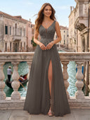 Tulle V Neck A Line Long Evening Dresses with Slit
