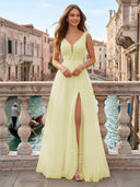 Tulle V Neck A Line Long Evening Dresses with Slit
