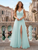 Tulle V Neck A Line Long Evening Dresses with Slit