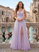 Tulle V Neck A Line Long Evening Dresses with Slit