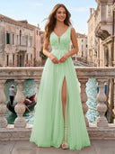 Tulle V Neck A Line Long Evening Dresses with Slit