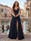 Tulle V Neck A Line Long Evening Dresses with Slit