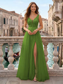 Tulle V Neck A Line Long Evening Dresses with Slit